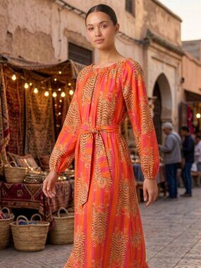 Bright Orange Printed Midi Dress with Tie Waist
